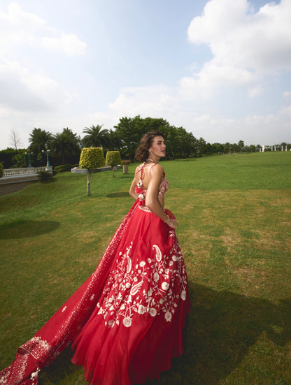 RED ORGANZA LEHENGA
