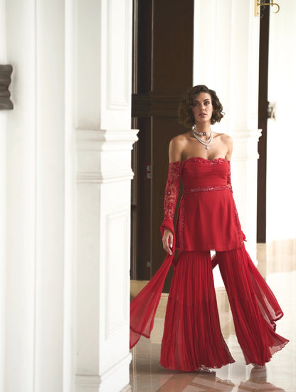 RED OFF SHOULDER TOP AND SHARARA