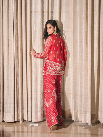 RED ORGANZA KURTA AND PANTS