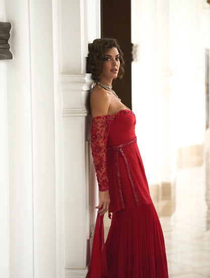 RED OFF SHOULDER TOP AND SHARARA