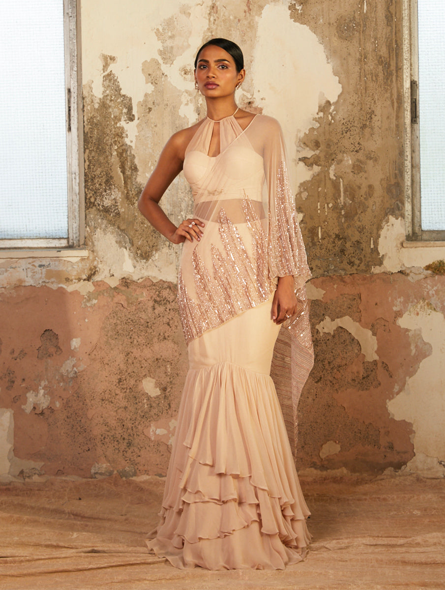Beige crepe corset crop georgette layered skirt