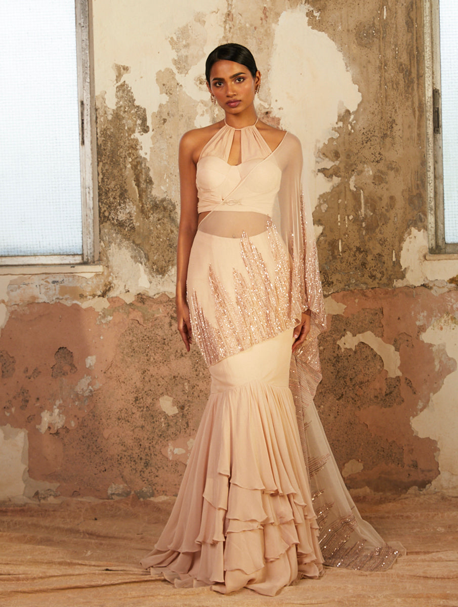 Beige crepe corset crop georgette layered skirt