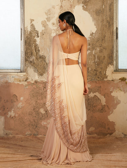 Beige crepe corset crop georgette layered skirt