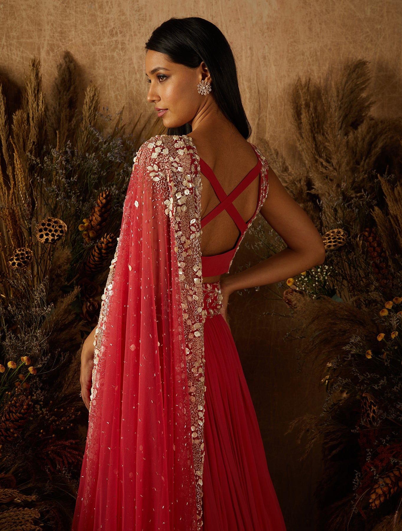 Coral Georgette Embellished Lehenga Set