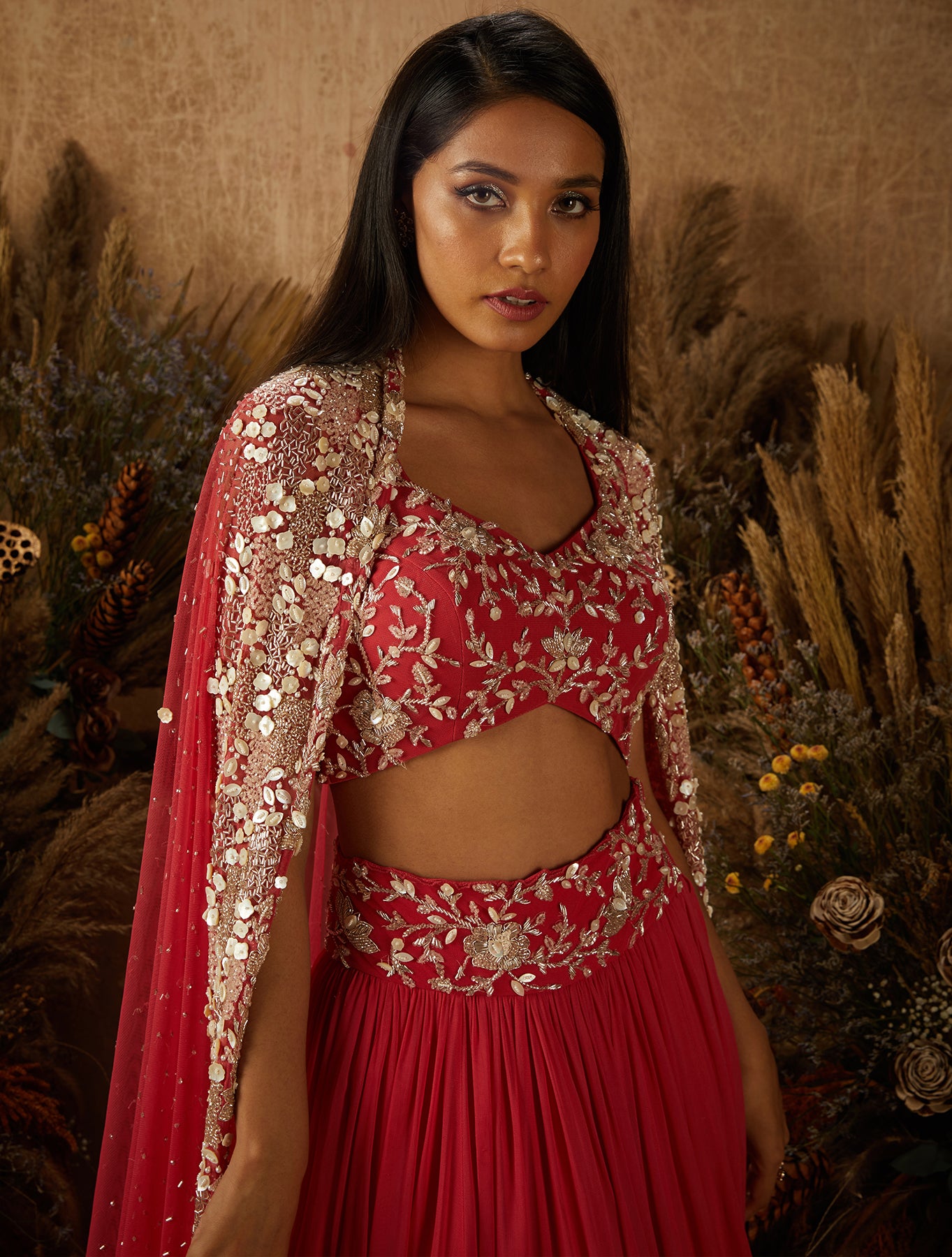 Coral Georgette Embellished Lehenga Set