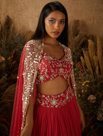 Coral Georgette Embellished Lehenga Set