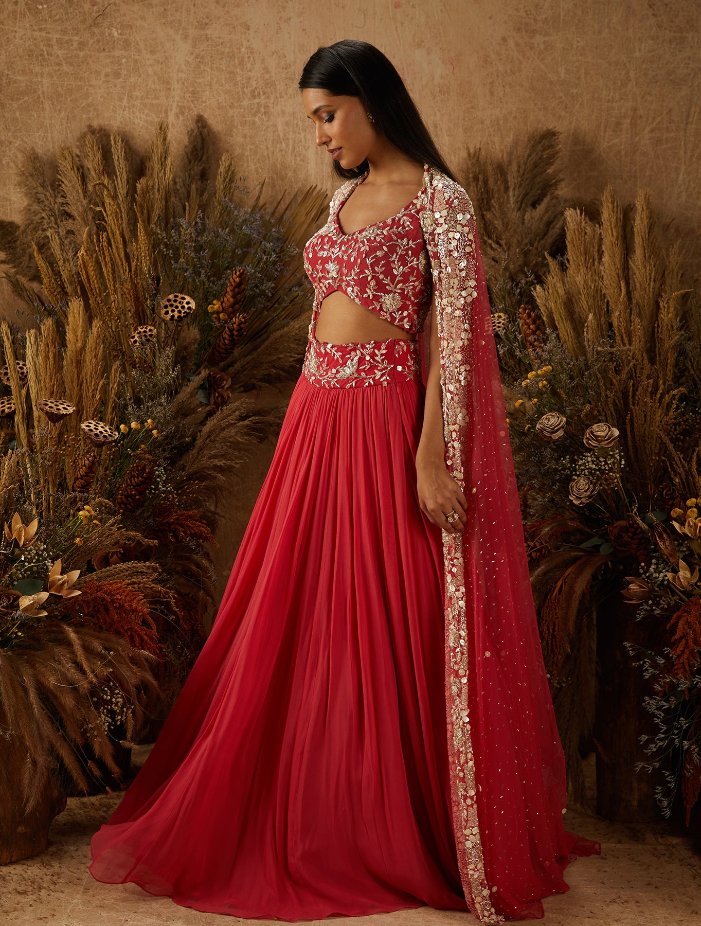 Coral Georgette Embellished Lehenga Set