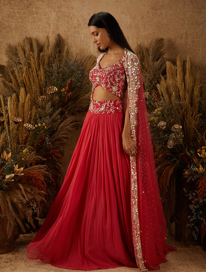 Coral Georgette Embellished Lehenga Set