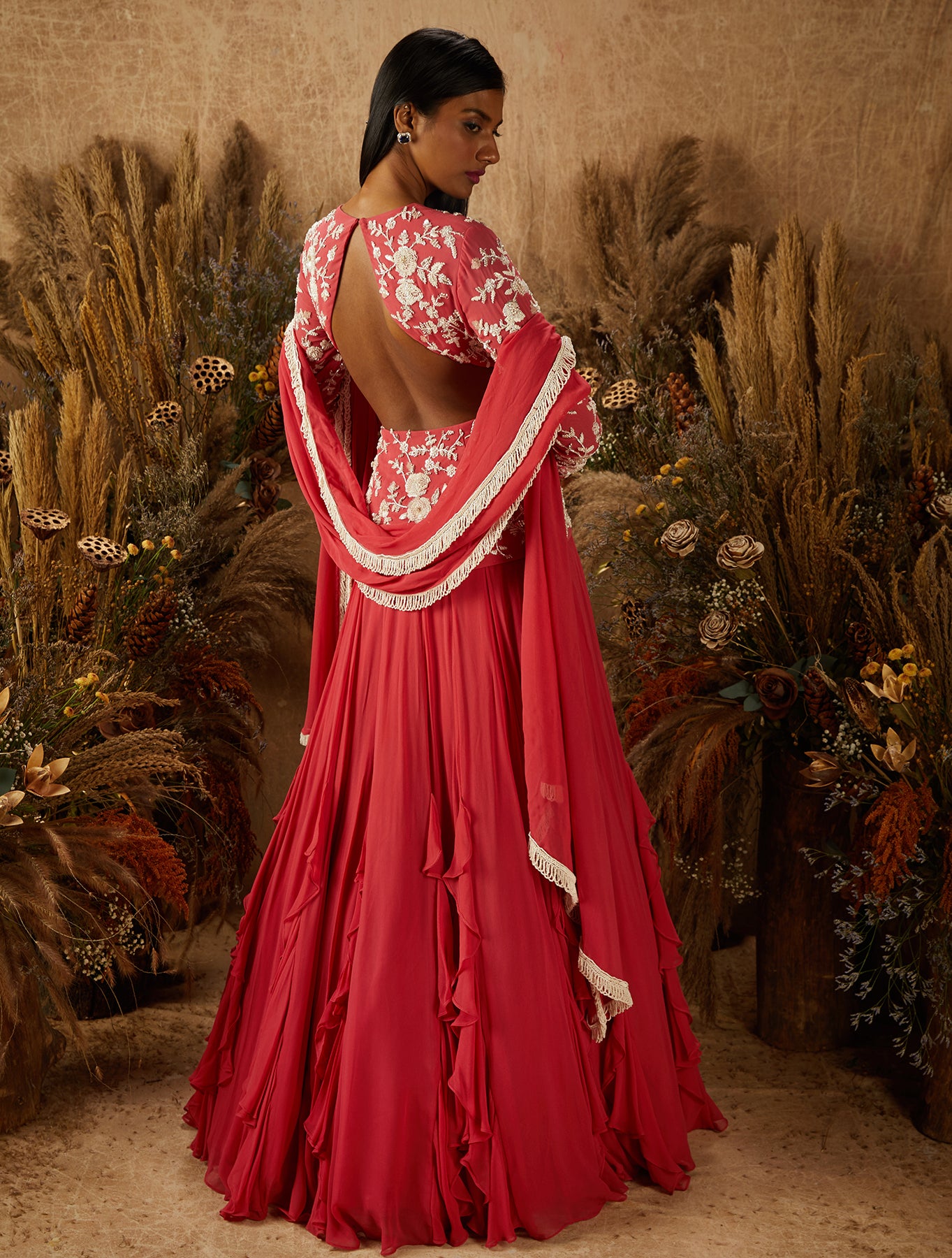 Coral Georgette Ruffled Embellished Jacket Lehenga Set