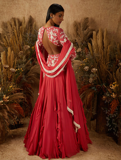Coral Georgette Ruffled Embellished Jacket Lehenga Set