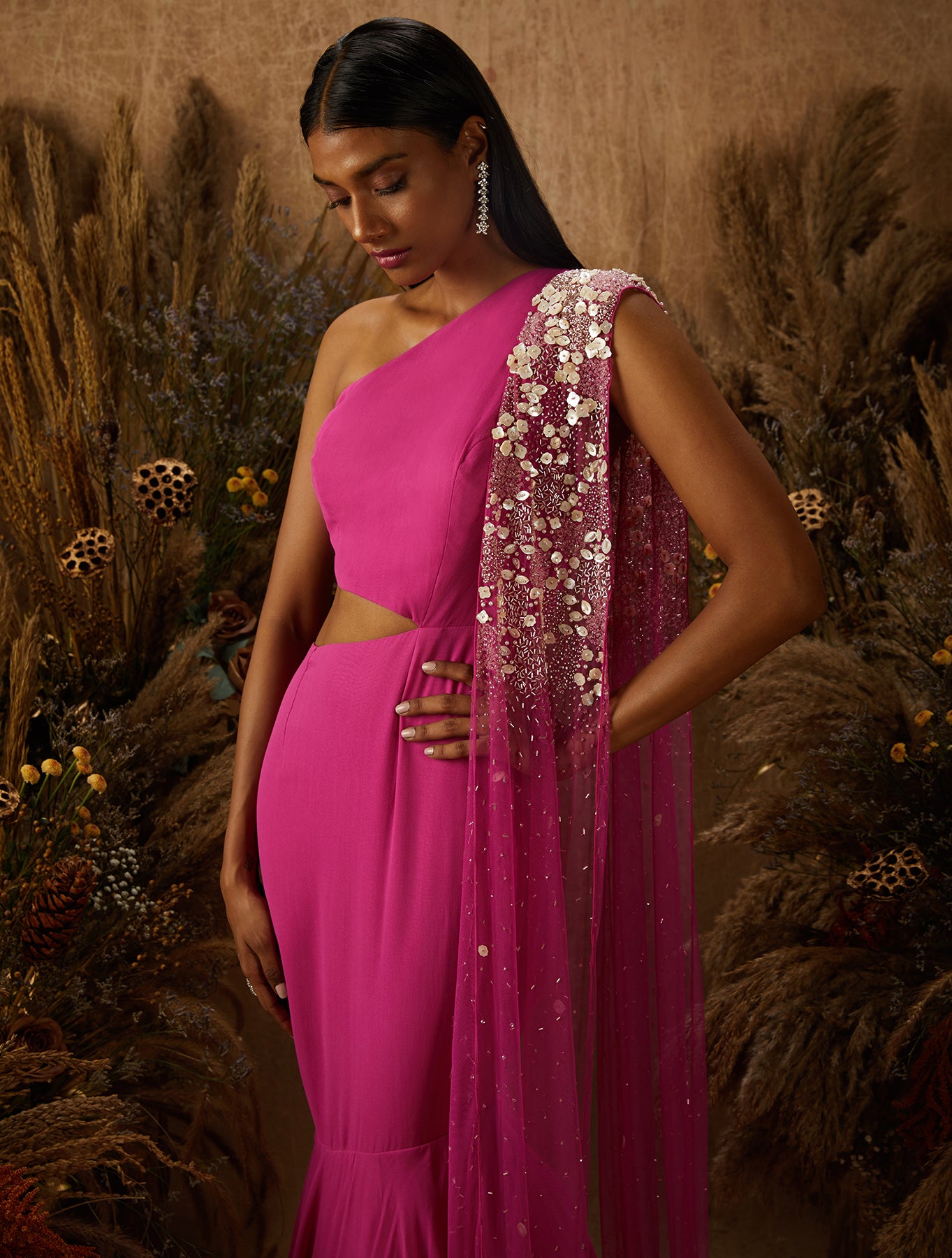 Hot Pink Georgette Cut-Out Gown