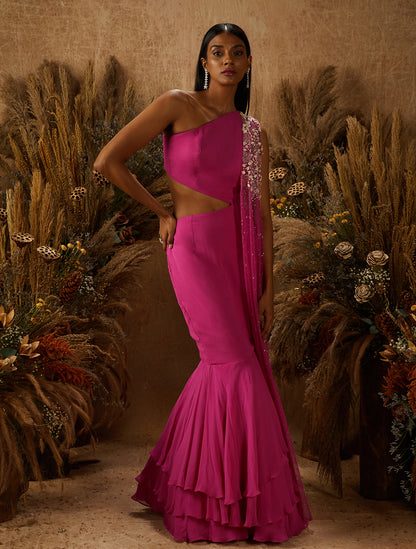Hot Pink Georgette Cut-Out Gown