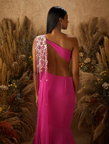 Hot Pink Georgette Cut-Out Gown