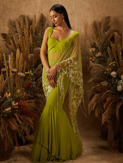 Light Green Crepe & Net Embellished Skirt Set