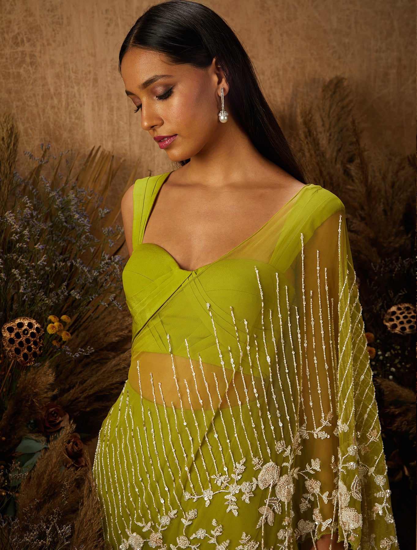 Light Green Crepe & Net Embellished Skirt Set