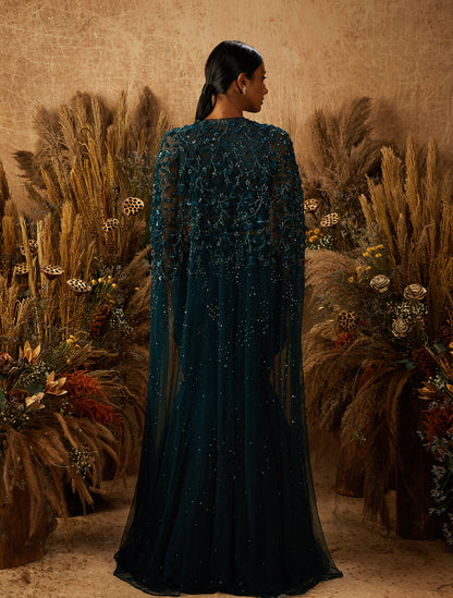 Dark Green Net Embellished Cape Set SAAKS Dark Green Net Embellished Cape Set SAAKS