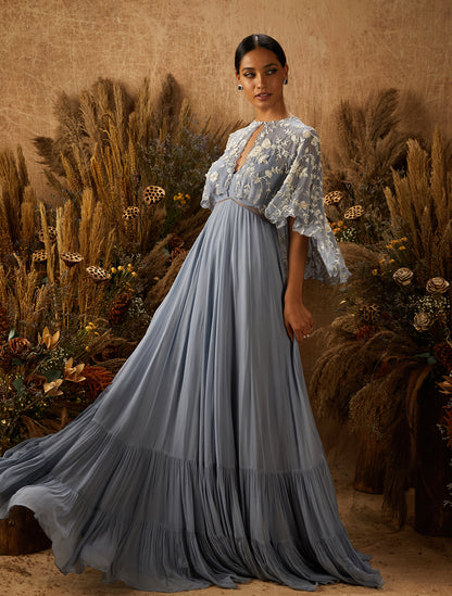 Dusty Blue Georgette Gown With Cape