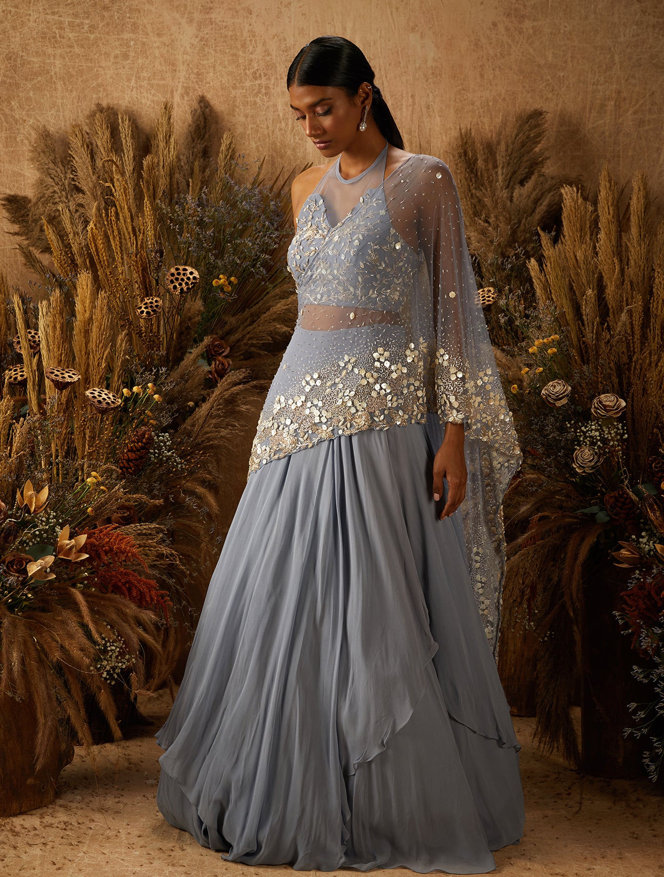 Dusty Blue Georgette Embellished Lehenga Set