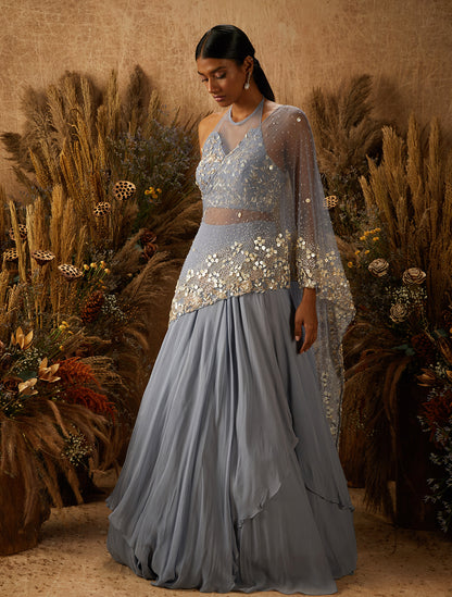 Dusty Blue Georgette Embellished Lehenga Set