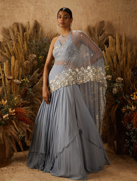 Dusty Blue Georgette Embellished Lehenga Set