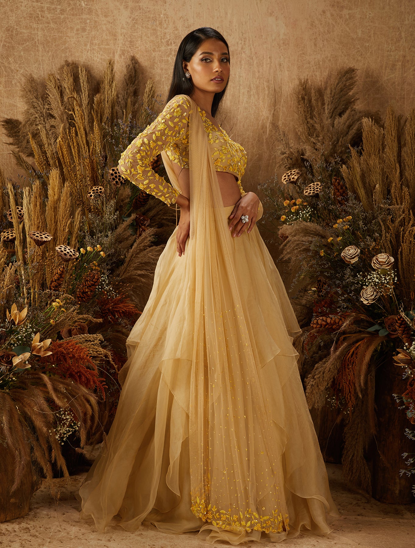 Beige Organza Layered Lehenga Set