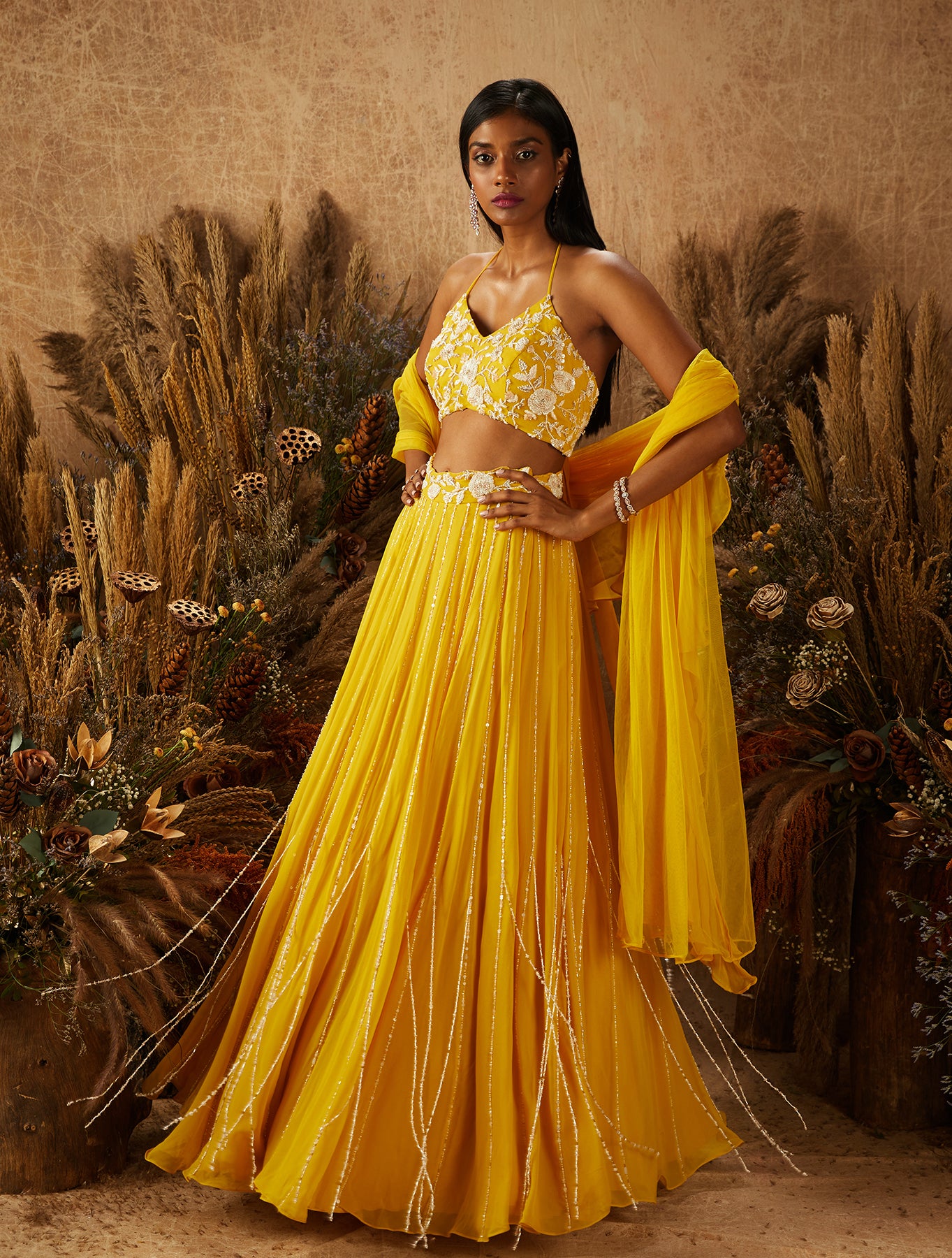 Yellow Georgette Embellished Lehenga Set
