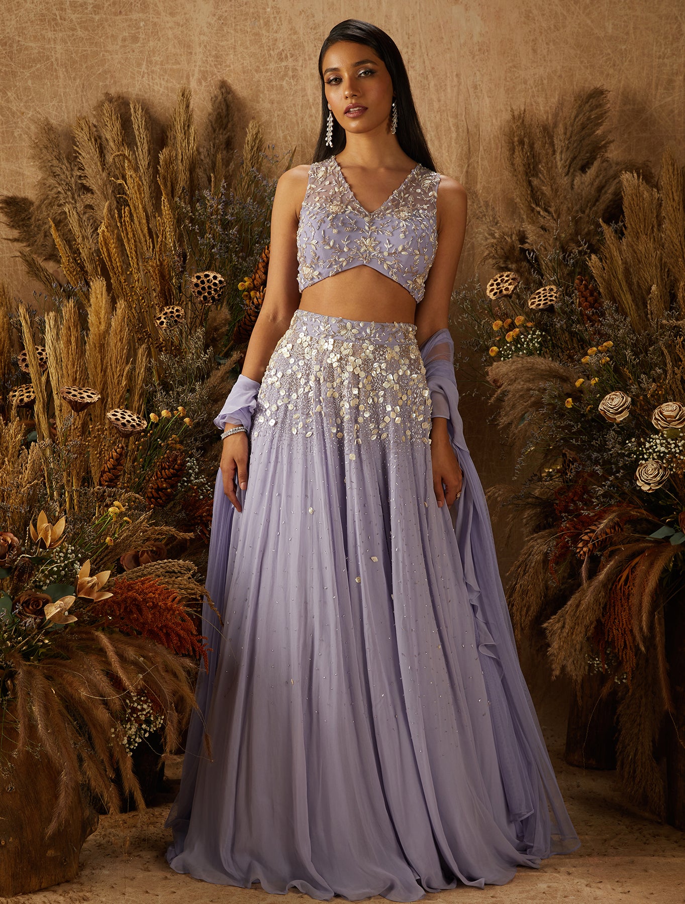 Pastel Purple Georgette & Net Embellished Lehenga Set