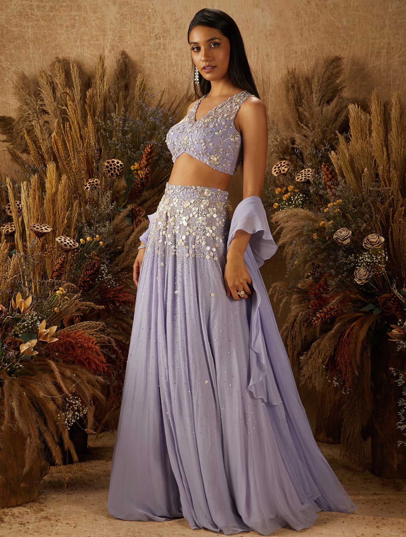 Pastel Purple Georgette & Net Embellished Lehenga Set