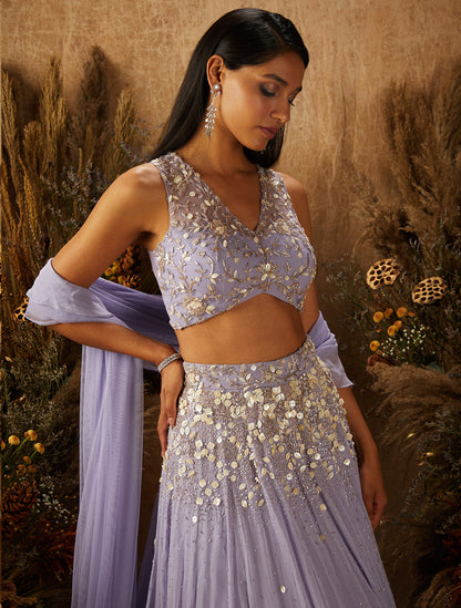 Pastel Purple Georgette & Net Embellished Lehenga Set