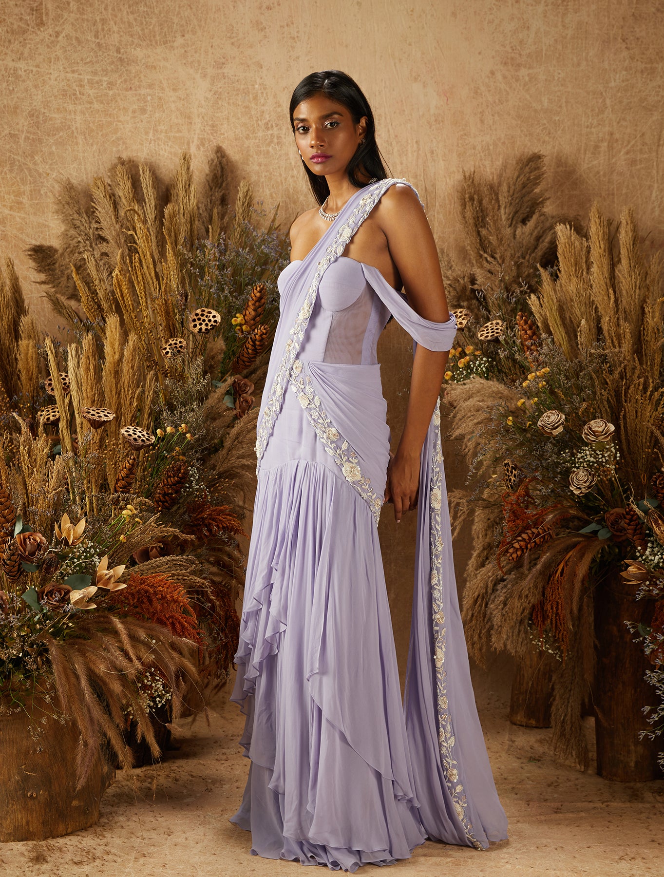 Pastel Purple Georgette Draped Gown Saree