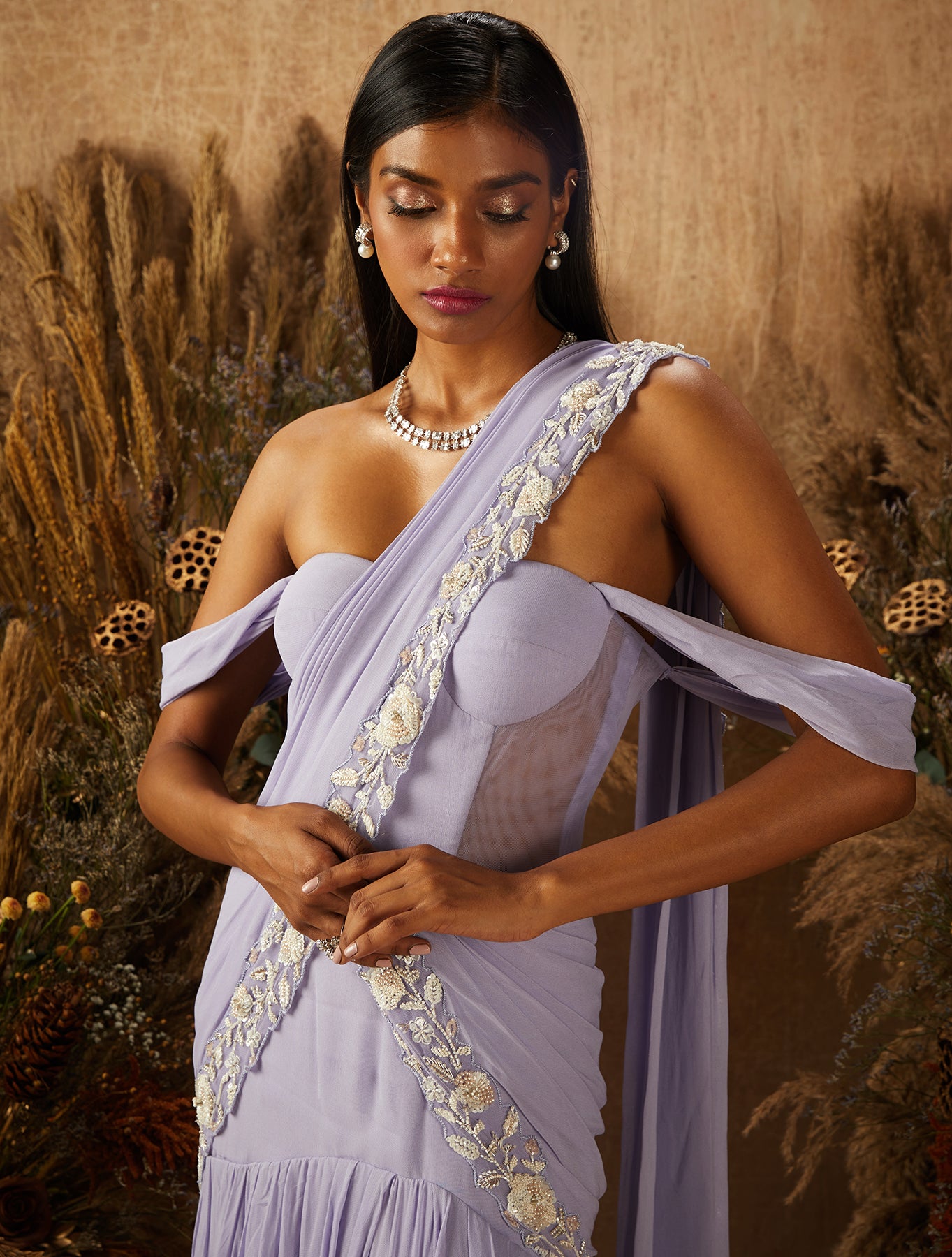 Pastel Purple Georgette Draped Gown Saree SAAKS