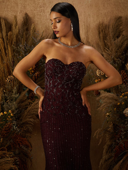 Burgundy Crepe Embroidered Gown