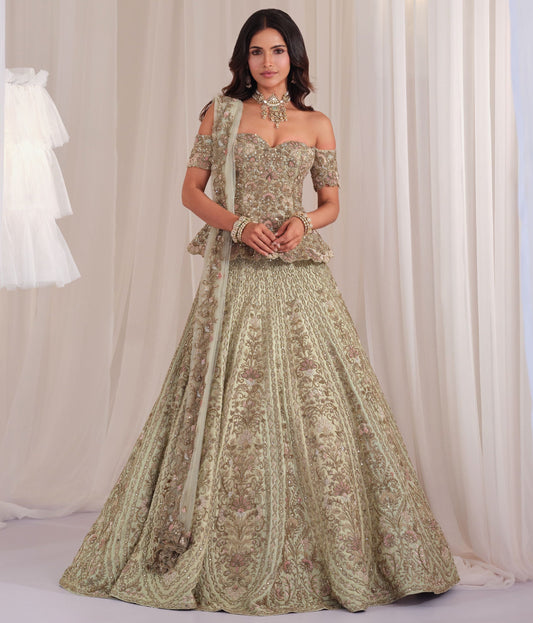 Sage Green Hand Embellished Peplum Corset with Lehenga & Dupatta
