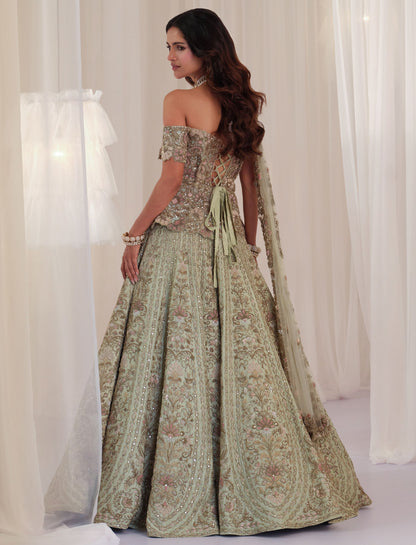 Sage Green Hand Embellished Peplum Corset with Lehenga & Dupatta