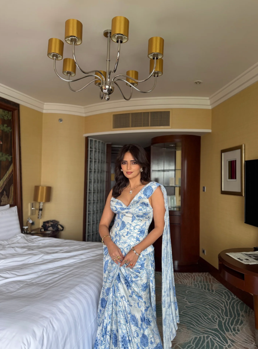 Blue & White Printed Corset with Drape