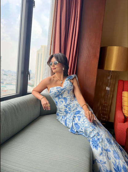 Blue & White Printed Corset with Drape
