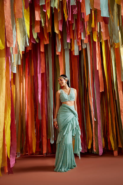 MINT GREEN RUFFLE SAREE
