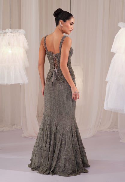 Stardust Grey Crystal Corset With Fishcut Lehenga