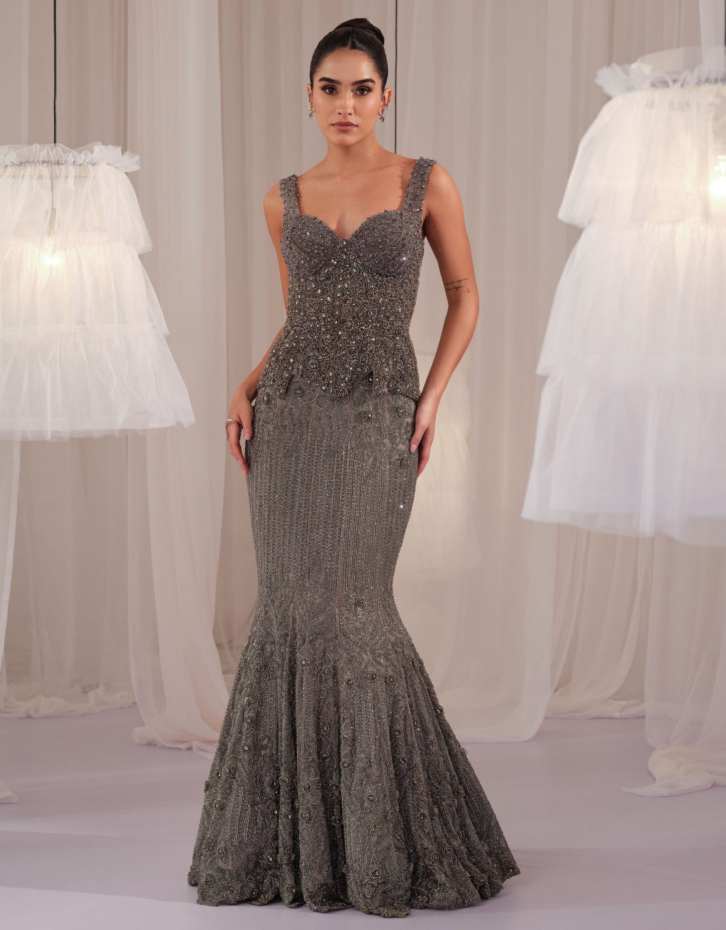 Stardust Grey Crystal Corset With Fishcut Lehenga