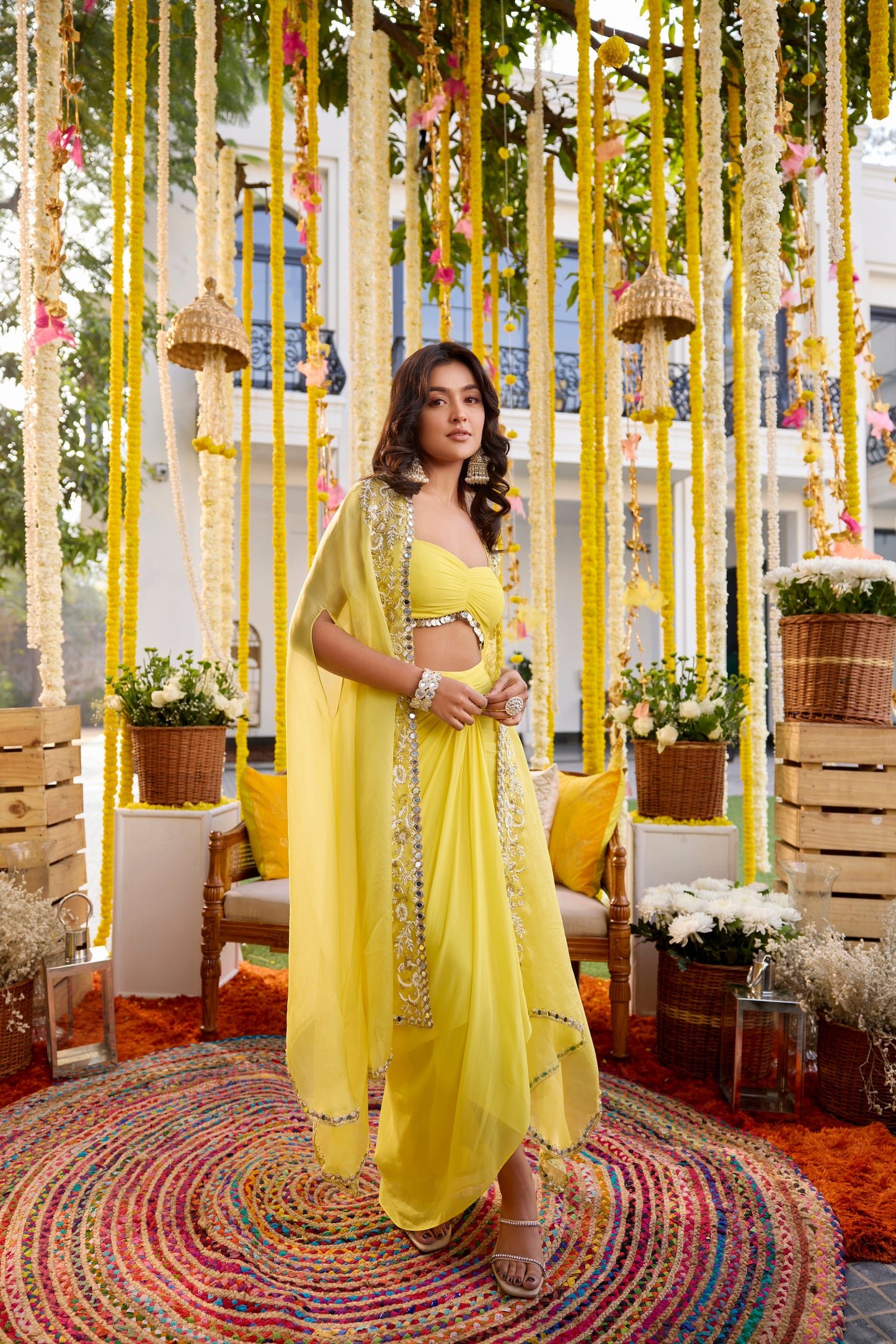 SUNSHINE YELLOW DRAPE SKIRT WITH CAPE SET
