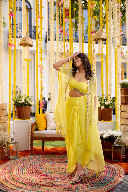 SUNSHINE YELLOW DRAPE SKIRT WITH CAPE SET