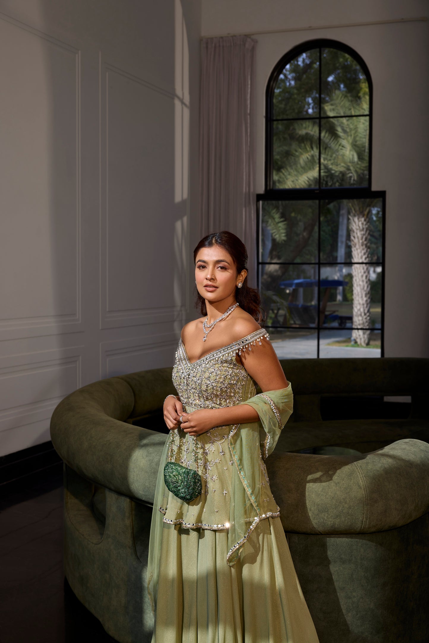 SAGE GREEN OFF SHOULDER PEPLUM SET
