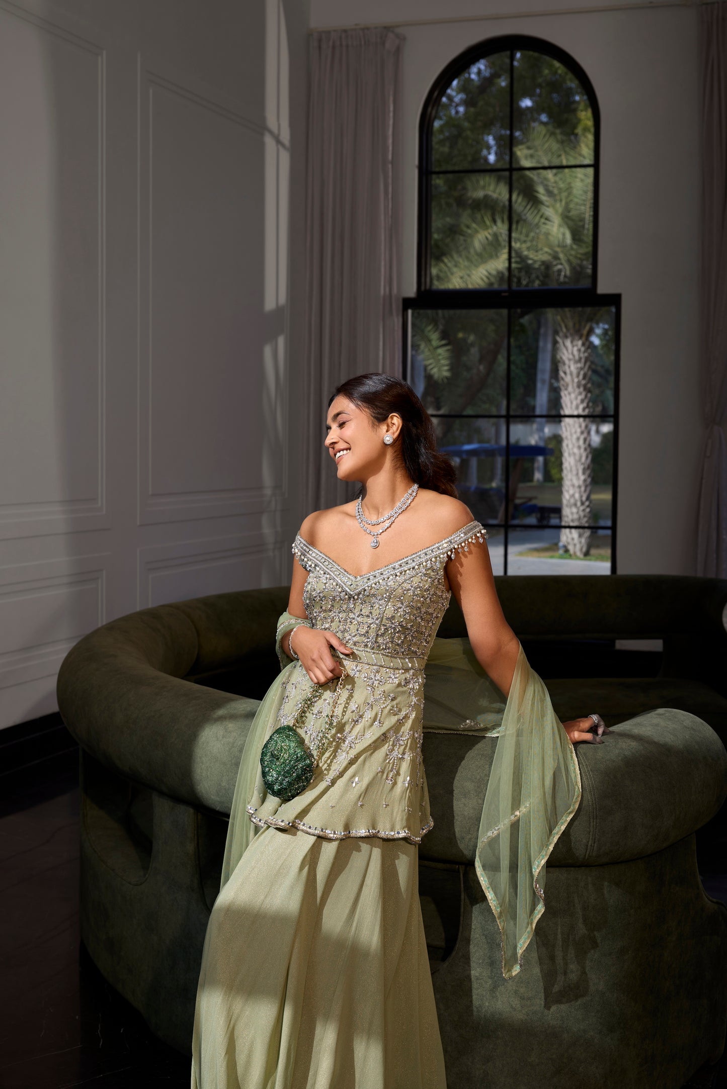 SAGE GREEN OFF SHOULDER PEPLUM SET