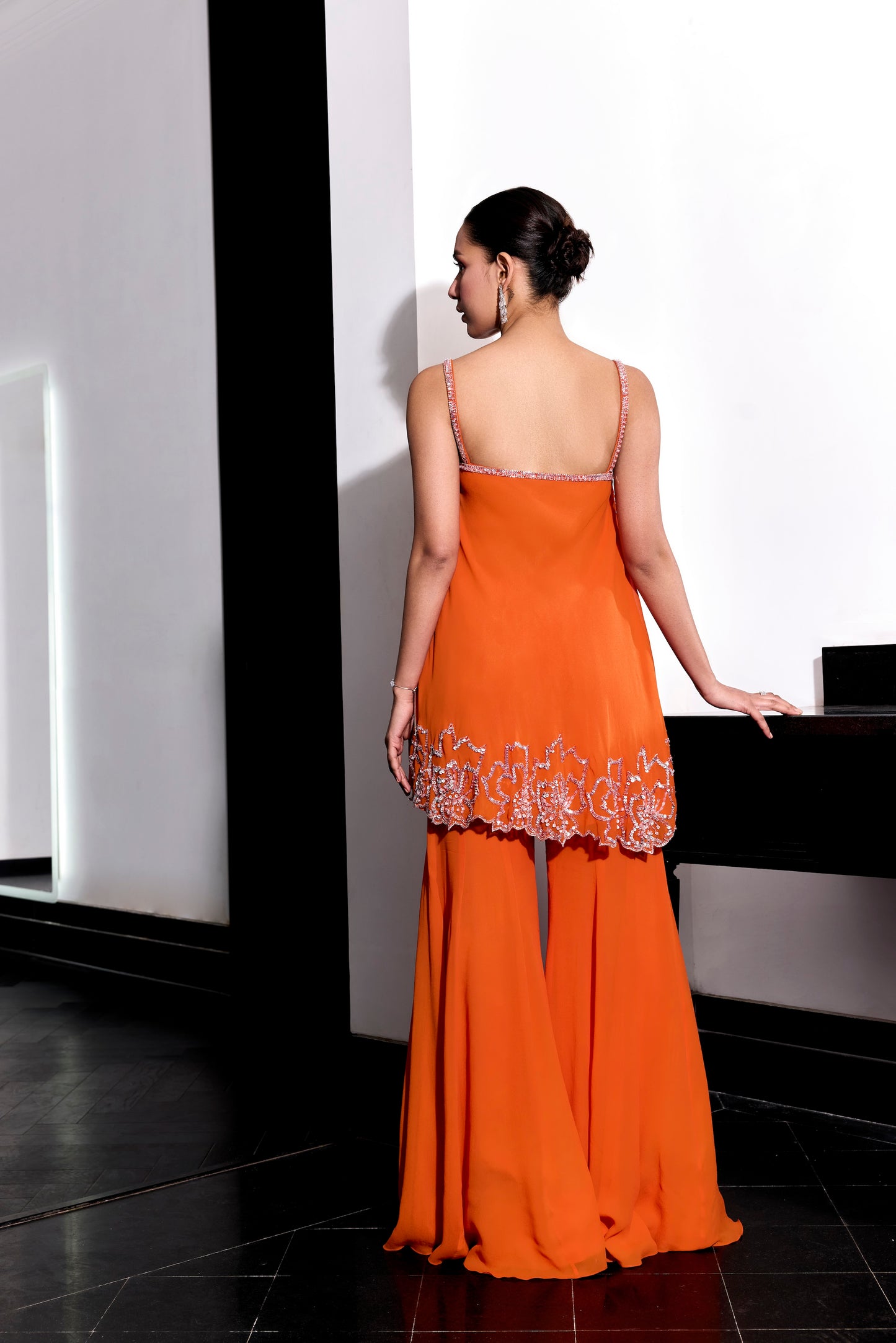 ORANGE FLORAL EMBROIDERY TOP AND PANTS SET