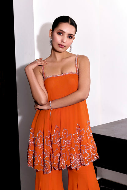 ORANGE FLORAL EMBROIDERY TOP AND PANTS SET