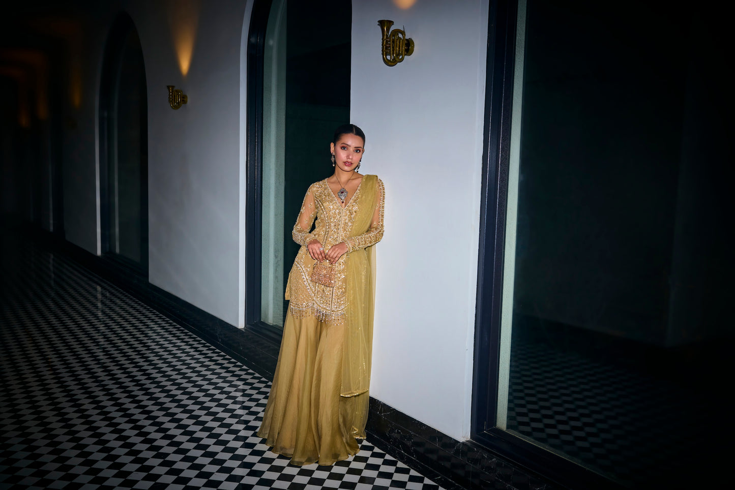 GOLD TONAL EMBROIDERED KURTA AND SHARARA SET