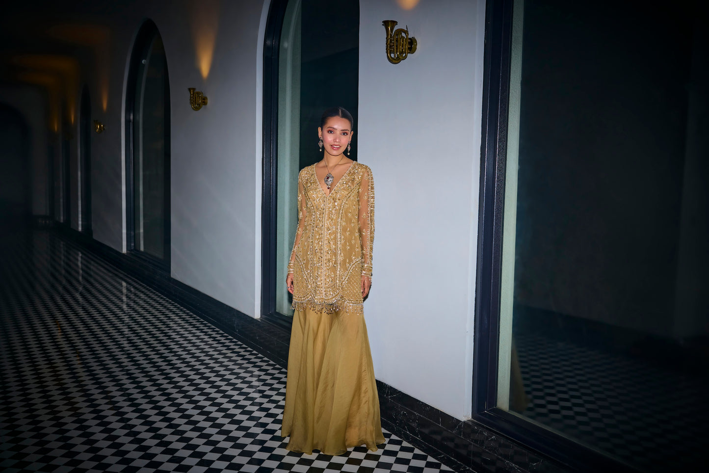 GOLD TONAL EMBROIDERED KURTA AND SHARARA SET
