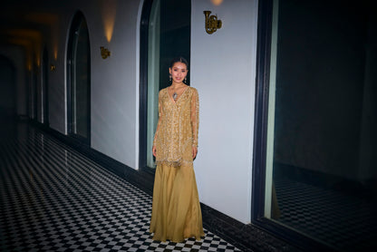 GOLD TONAL EMBROIDERED KURTA AND SHARARA SET