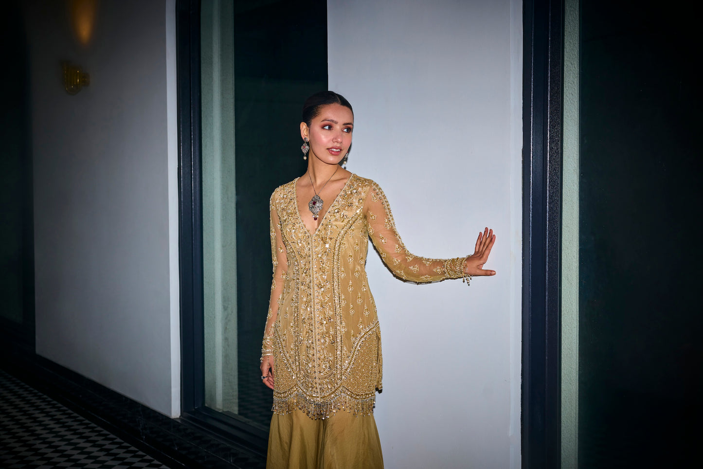 GOLD TONAL EMBROIDERED KURTA AND SHARARA SET