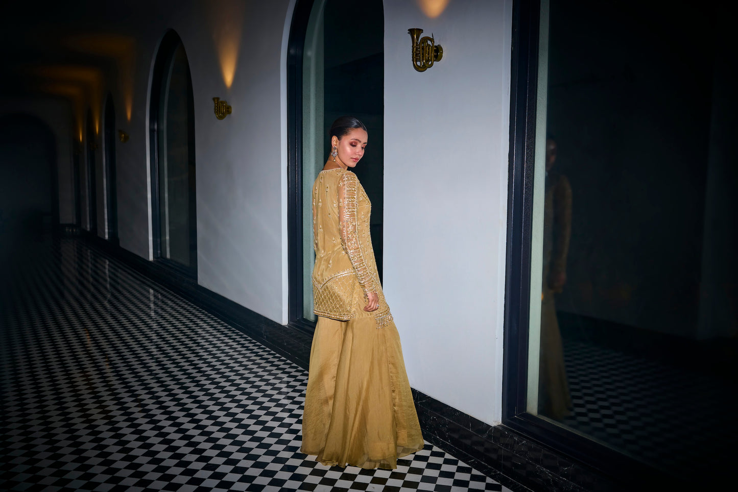GOLD TONAL EMBROIDERED KURTA AND SHARARA SET